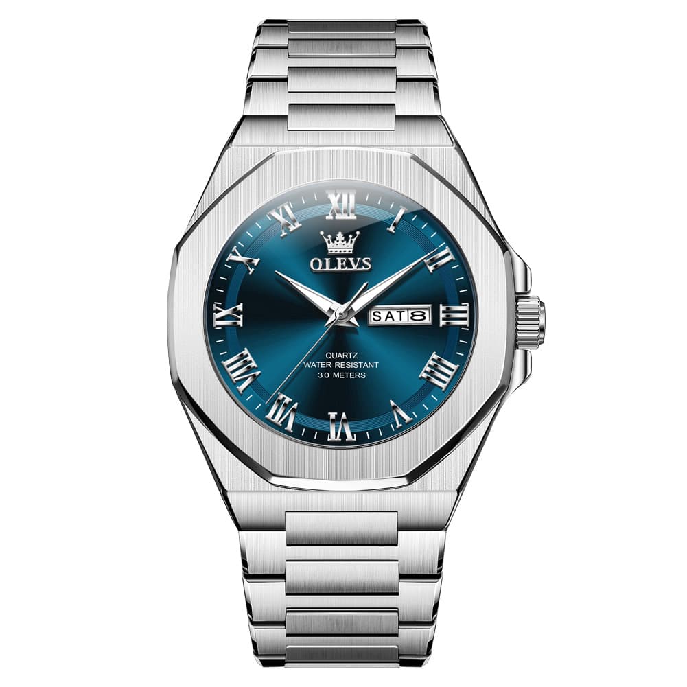 OLEVS 3727 Geometric Luminous Quartz Watch for Men - Silver Blue Watch | Olevs Watch Store