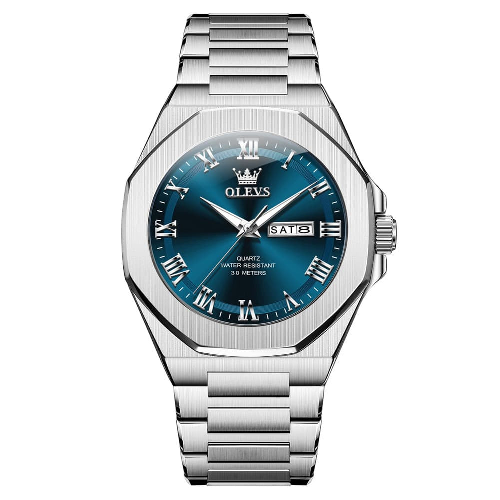 OLEVS 3727 Geometric Luminous Quartz Watch for Men - Silver Blue Watch | Olevs Watch Store