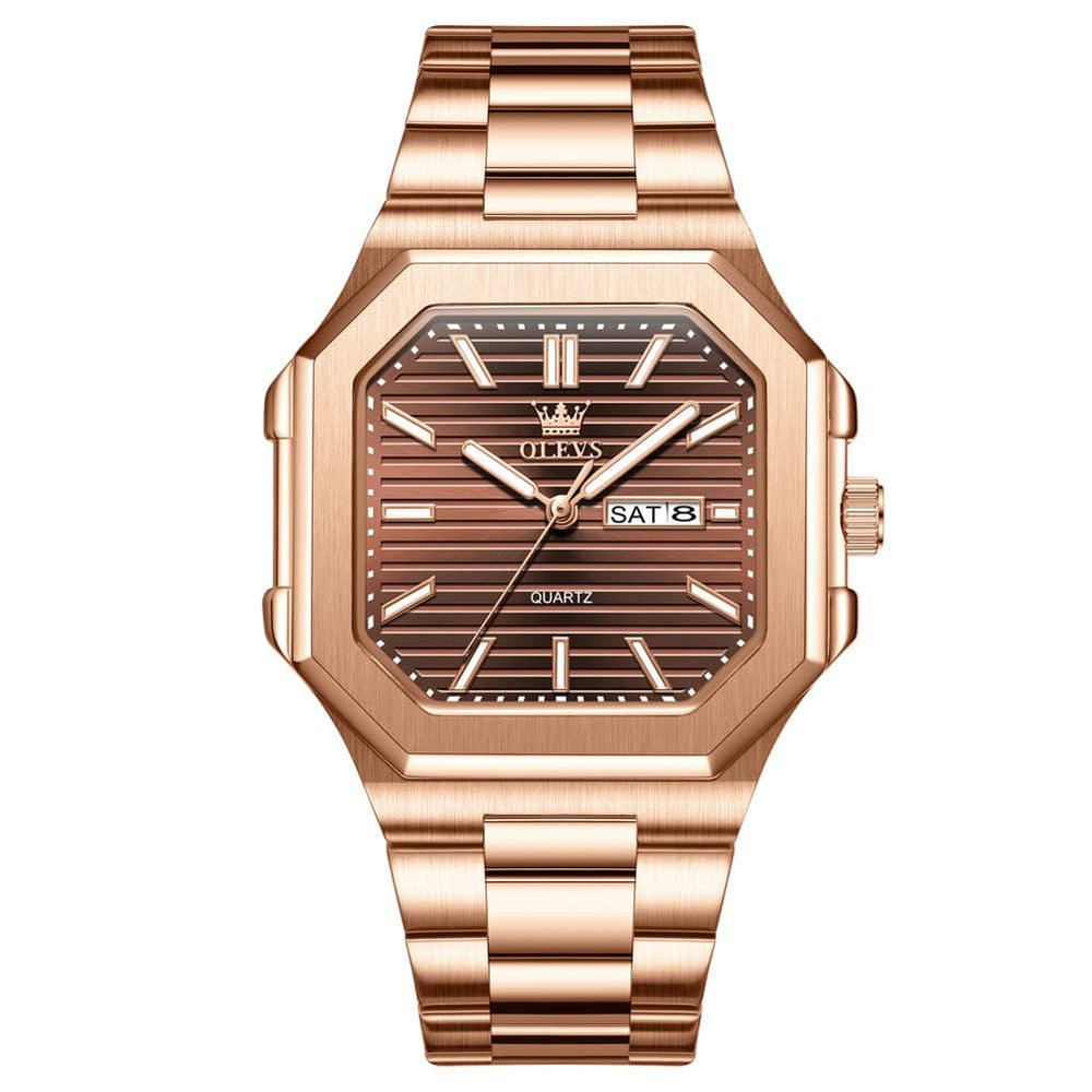 OLEVS 3731 Square Ribbed Dial Luminous Quartz Watch for Men - Rose Gold Watch | Olevs Watch Store