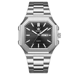 OLEVS 3731 Square Ribbed Dial Luminous Quartz Watch for Men - Silver Black Watch | Olevs Watch Store