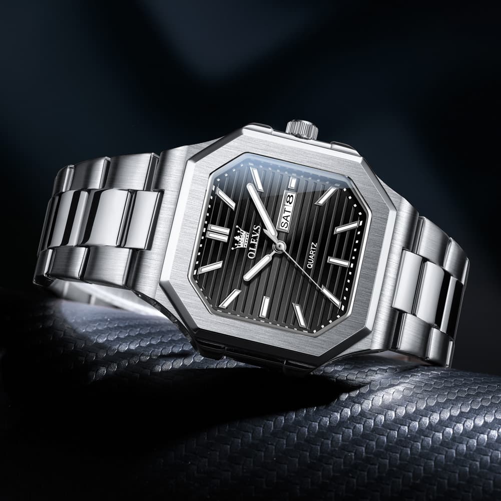 OLEVS 3731 Square Ribbed Dial Luminous Quartz Watch for Men - Silver Blue Watch | Olevs Watch Store