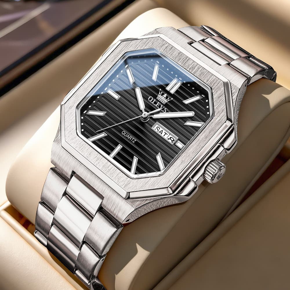 OLEVS 3731 Square Ribbed Dial Luminous Quartz Watch for Men - Silver Blue Watch | Olevs Watch Store