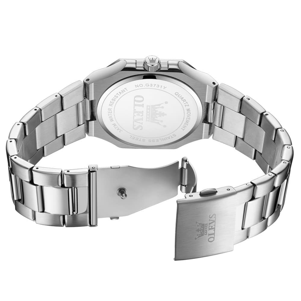 OLEVS 3731 Square Ribbed Dial Luminous Quartz Watch for Men - Silver Blue Watch | Olevs Watch Store