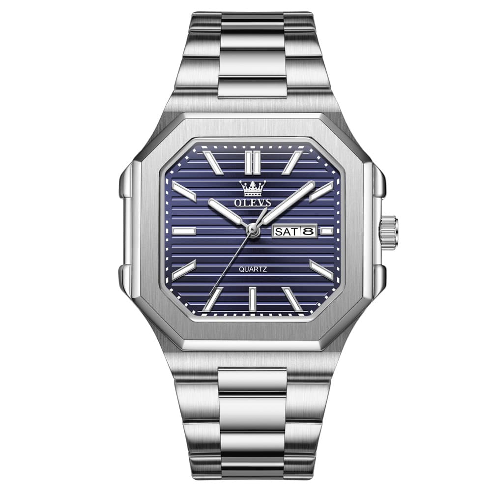 OLEVS 3731 Square Ribbed Dial Luminous Quartz Watch for Men - Silver Blue Watch | Olevs Watch Store