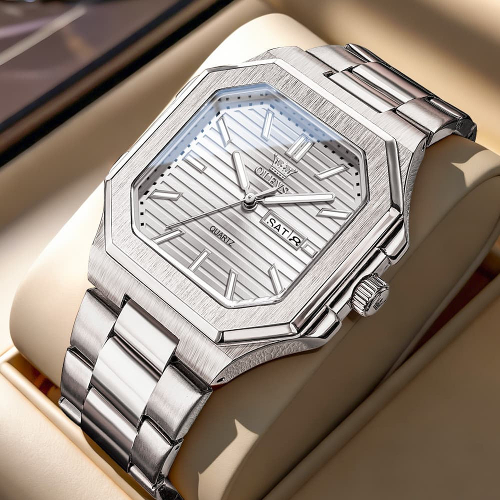 OLEVS 3731 Square Ribbed Dial Luminous Quartz Watch for Men - Silver Blue Watch | Olevs Watch Store