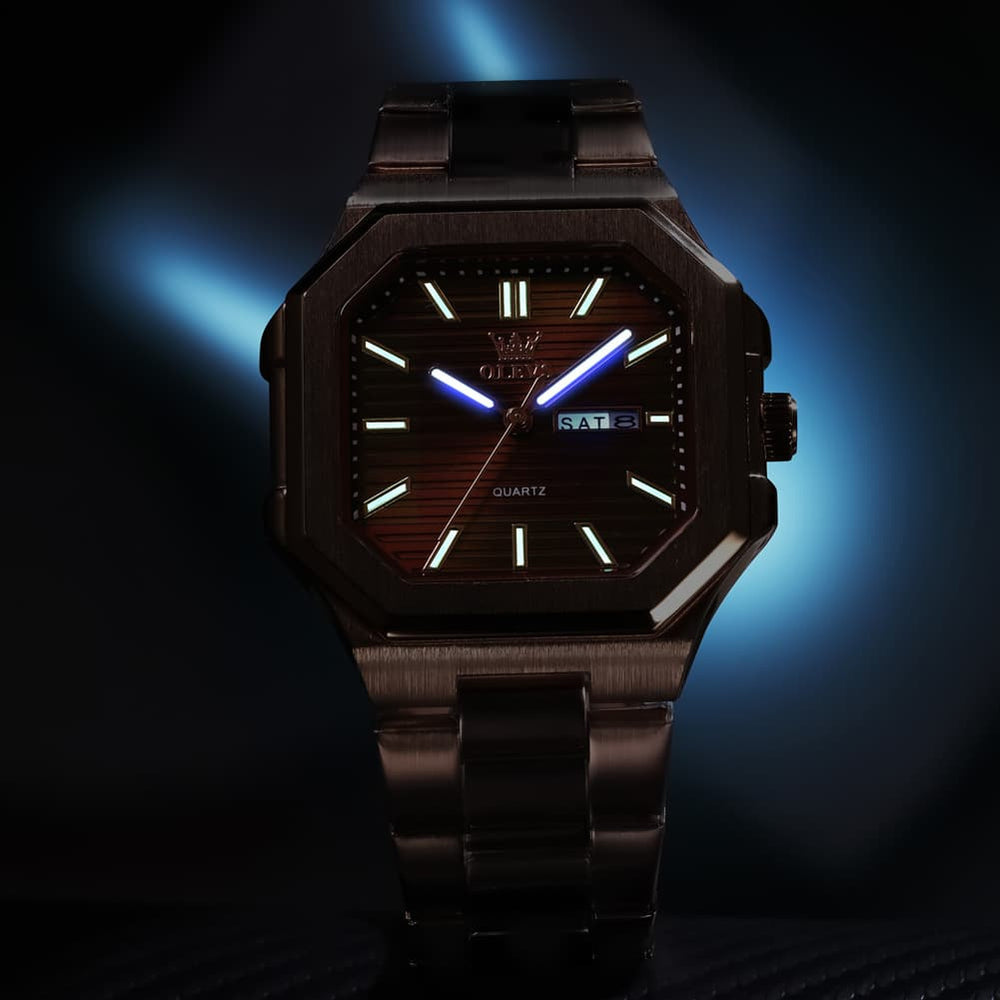 OLEVS 3731 Square Ribbed Dial Luminous Quartz Watch for Men - Silver Blue Watch | Olevs Watch Store