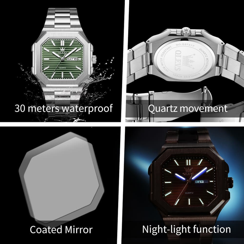 OLEVS 3731 Square Ribbed Dial Luminous Quartz Watch for Men - Silver Blue Watch | Olevs Watch Store