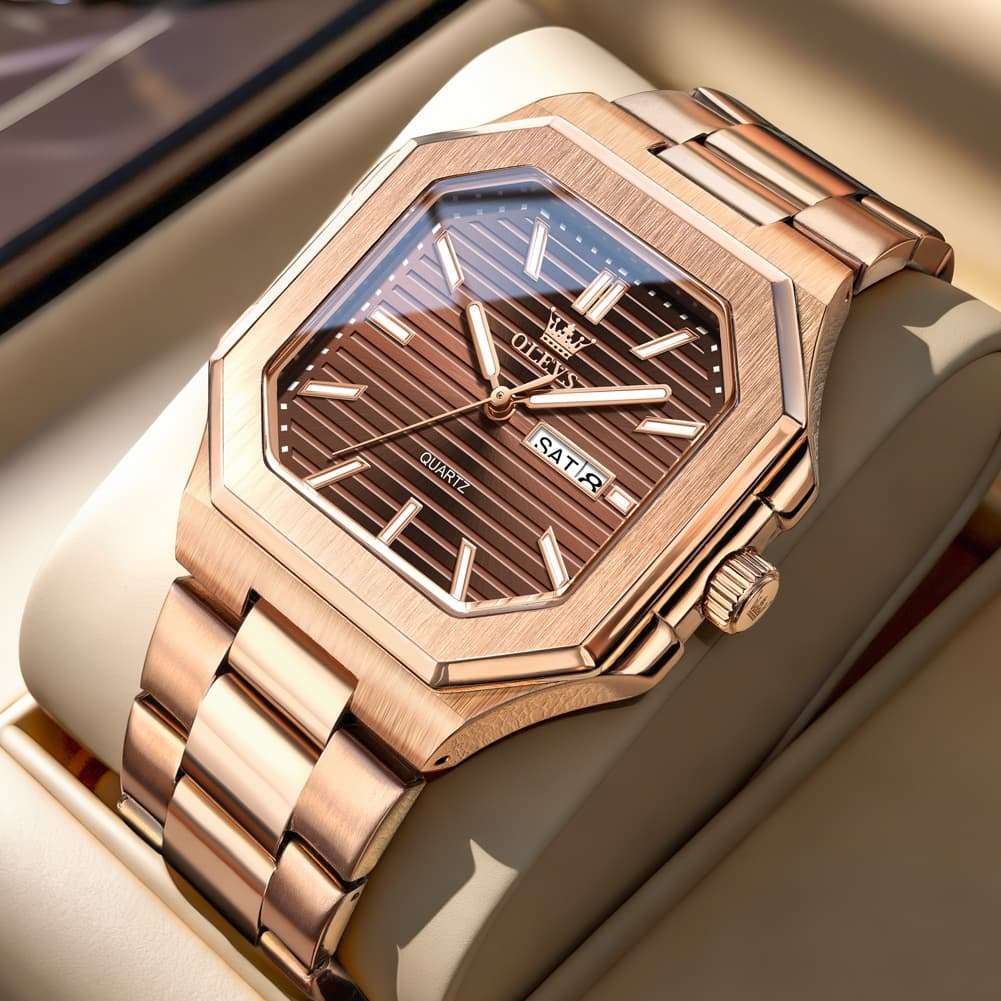 OLEVS 3731 Square Ribbed Dial Luminous Quartz Watch for Men