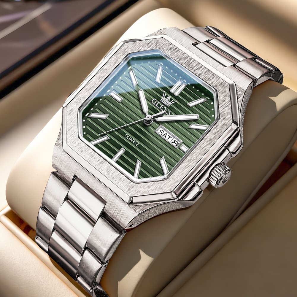OLEVS 3731 Square Ribbed Dial Luminous Quartz Watch for Men - Silver Blue Watch | Olevs Watch Store