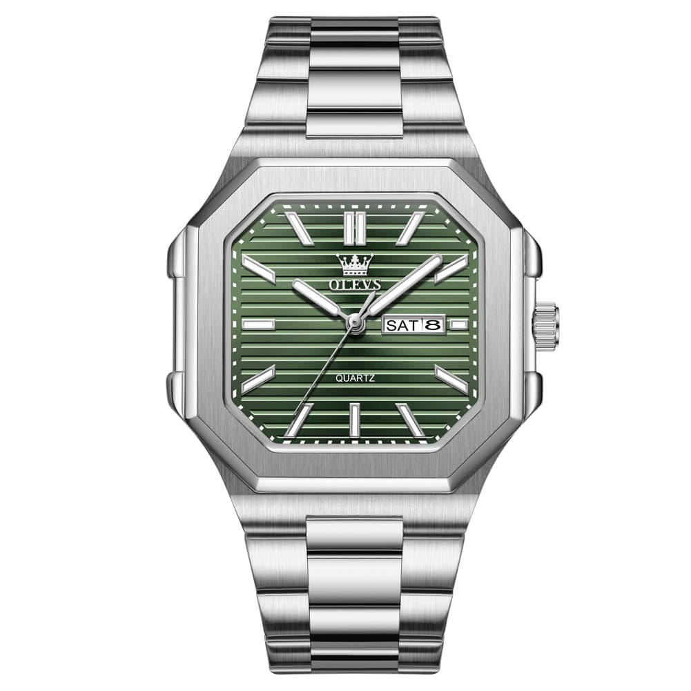 OLEVS 3731 Square Ribbed Dial Luminous Quartz Watch for Men - Silver Green Watch | Olevs Watch Store
