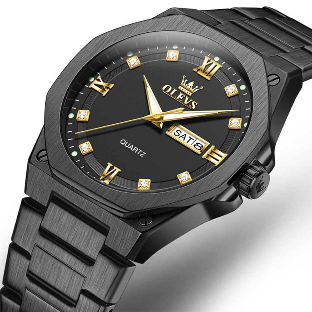 OLEVS 3736 Polygonal Diamond Quartz Watch for Men - All Black Watch | Olevs Watch Store