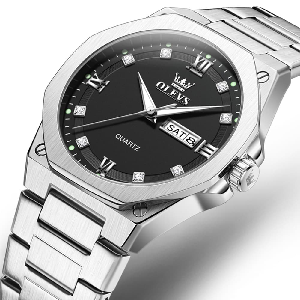 OLEVS 3736 Polygonal Diamond Quartz Watch for Men - Silver Black Watch | Olevs Watch Store