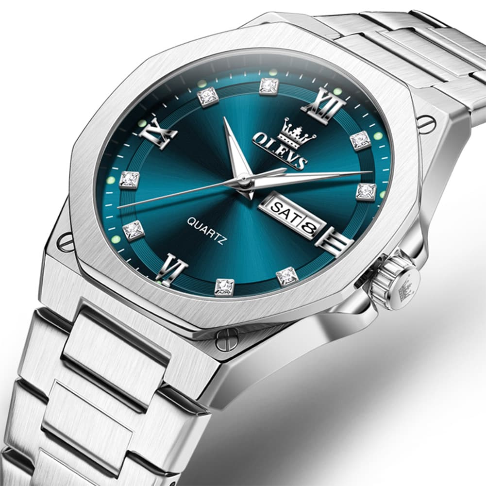 OLEVS 3736 Polygonal Diamond Quartz Watch for Men - Silver Blue Watch | Olevs Watch Store
