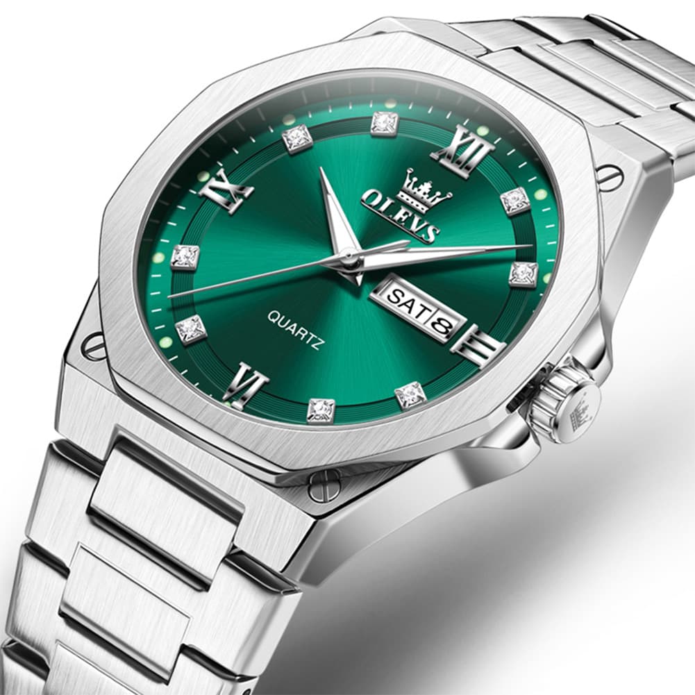 OLEVS 3736 Polygonal Diamond Quartz Watch for Men - Silver Green Watch | Olevs Watch Store