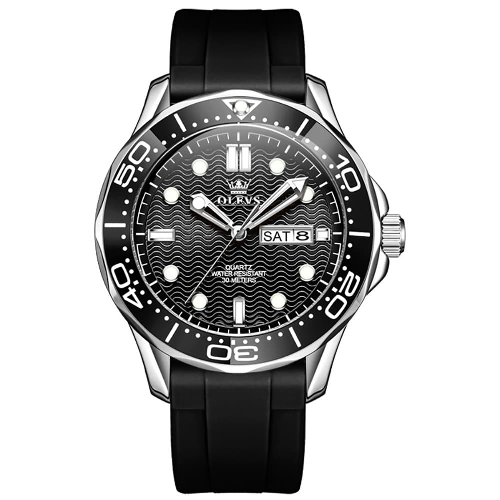 OLEVS 3738 Wave Dial Dive Style Quartz Watch for Men - Silicone Black Watch | Olevs Watch Store