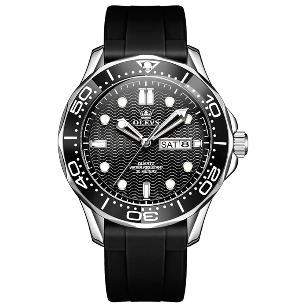 OLEVS 3738 Wave Dial Dive Style Quartz Watch for Men - Silicone Black Watch | Olevs Watch Store