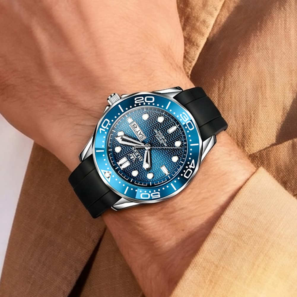 OLEVS 3738 Wave Dial Dive Style Quartz Watch for Men - Silicone Blue Watch | Olevs Watch Store