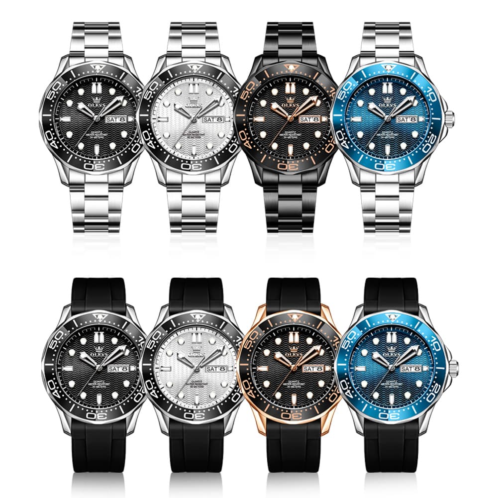 OLEVS 3738 Wave Dial Dive Style Quartz Watch for Men - Silicone Blue Watch | Olevs Watch Store
