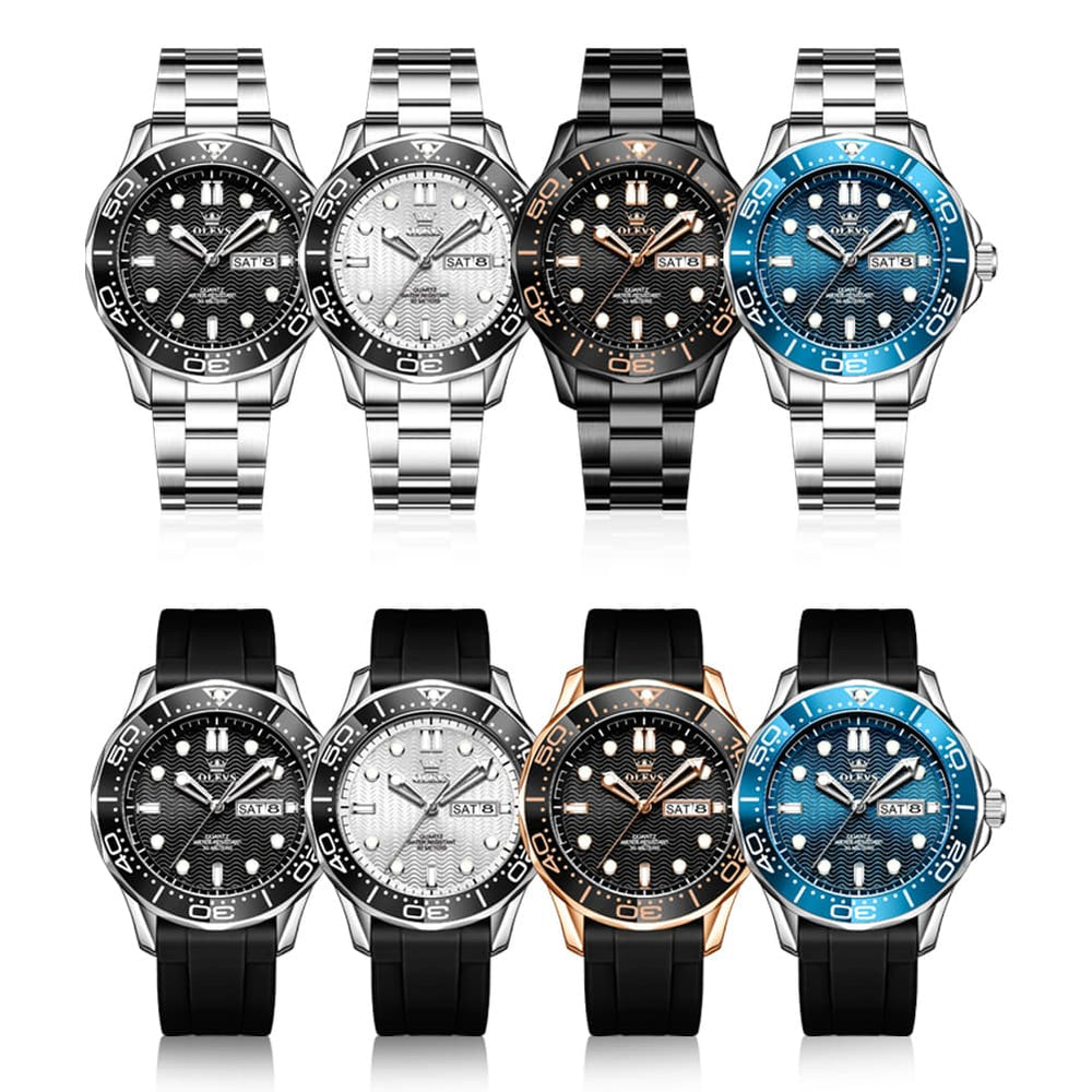 OLEVS 3738 Wave Dial Dive Style Quartz Watch for Men - Silicone Blue Watch | Olevs Watch Store