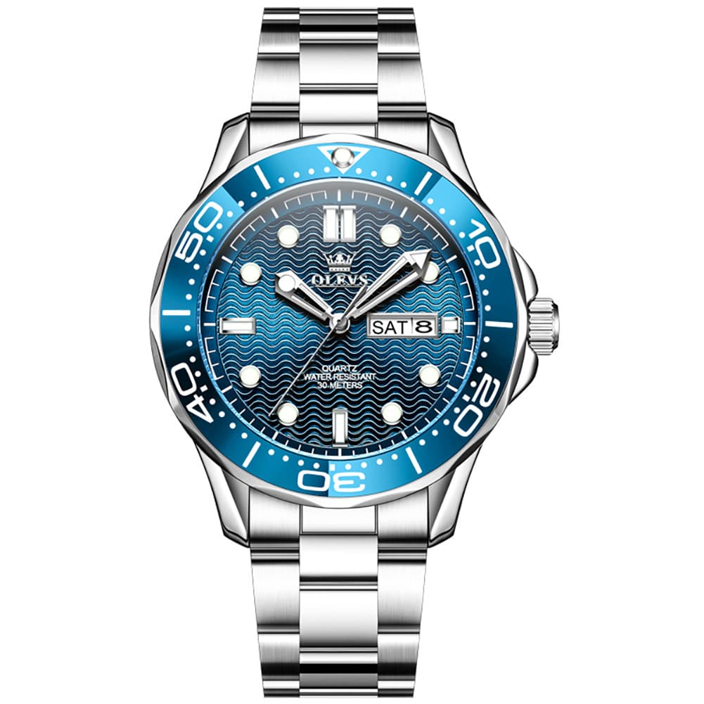 OLEVS 3738 Wave Dial Dive Style Quartz Watch for Men - Silicone Blue Watch | Olevs Watch Store