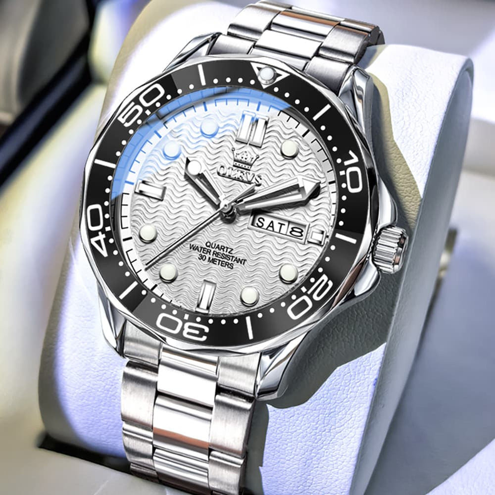 OLEVS 3738 Wave Dial Dive Style Quartz Watch for Men - Silicone Blue Watch | Olevs Watch Store