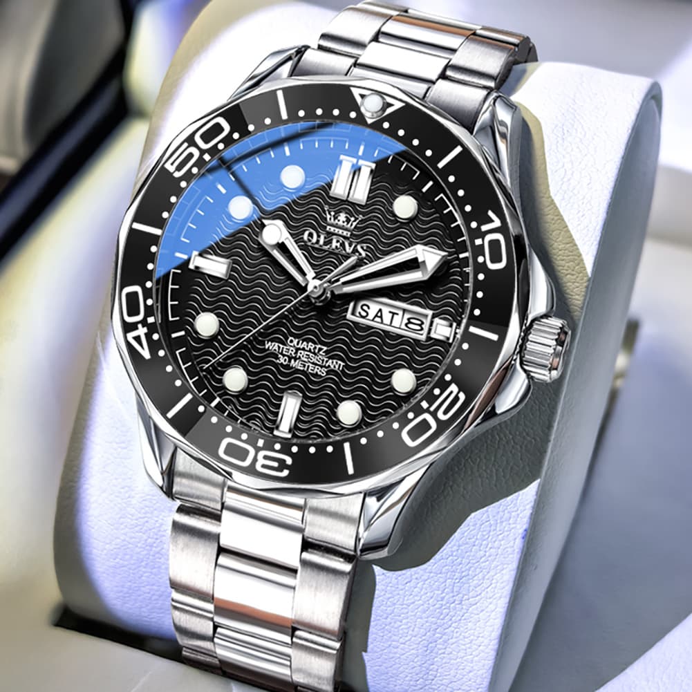 OLEVS 3738 Wave Dial Dive Style Quartz Watch for Men - Silicone Blue Watch | Olevs Watch Store