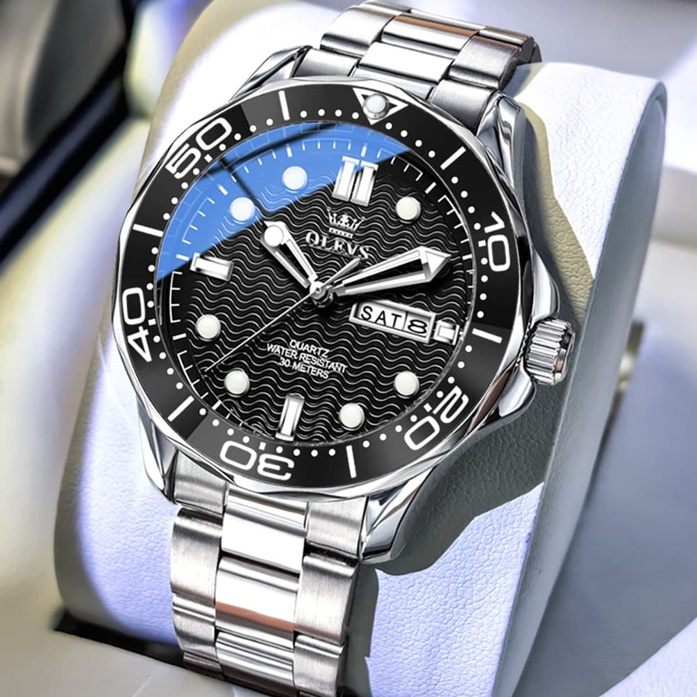 OLEVS 3738 Wave Dial Dive Style Quartz Watch for Men - Silicone Blue Watch | Olevs Watch Store