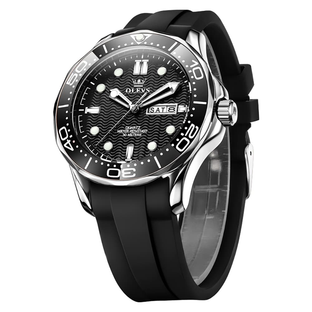 OLEVS 3738 Wave Dial Dive Style Quartz Watch for Men - Silicone Blue Watch | Olevs Watch Store