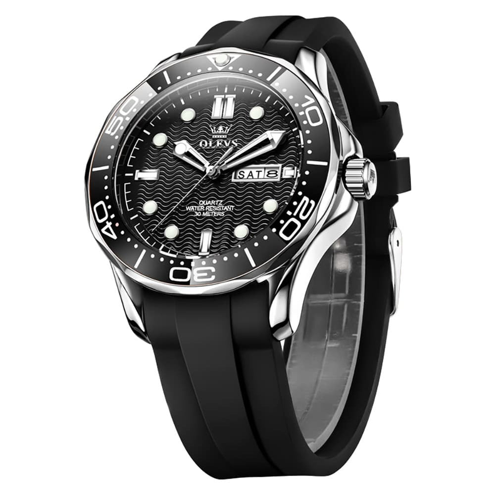 OLEVS 3738 Wave Dial Dive Style Quartz Watch for Men - Silicone Blue Watch | Olevs Watch Store