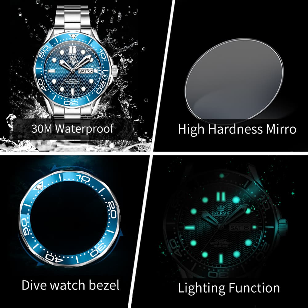 OLEVS 3738 Wave Dial Dive Style Quartz Watch for Men - Silicone Blue Watch | Olevs Watch Store