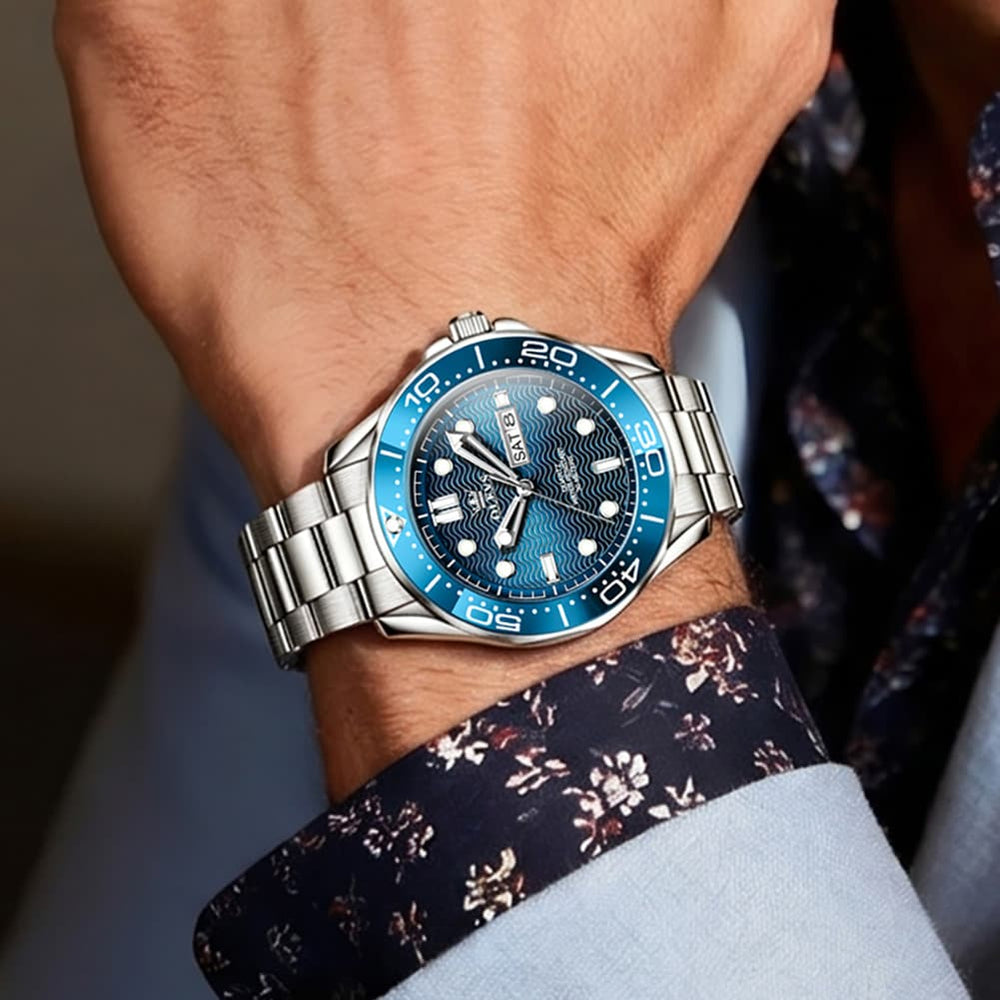 OLEVS 3738 Wave Dial Dive Style Quartz Watch for Men - Silicone Blue Watch | Olevs Watch Store
