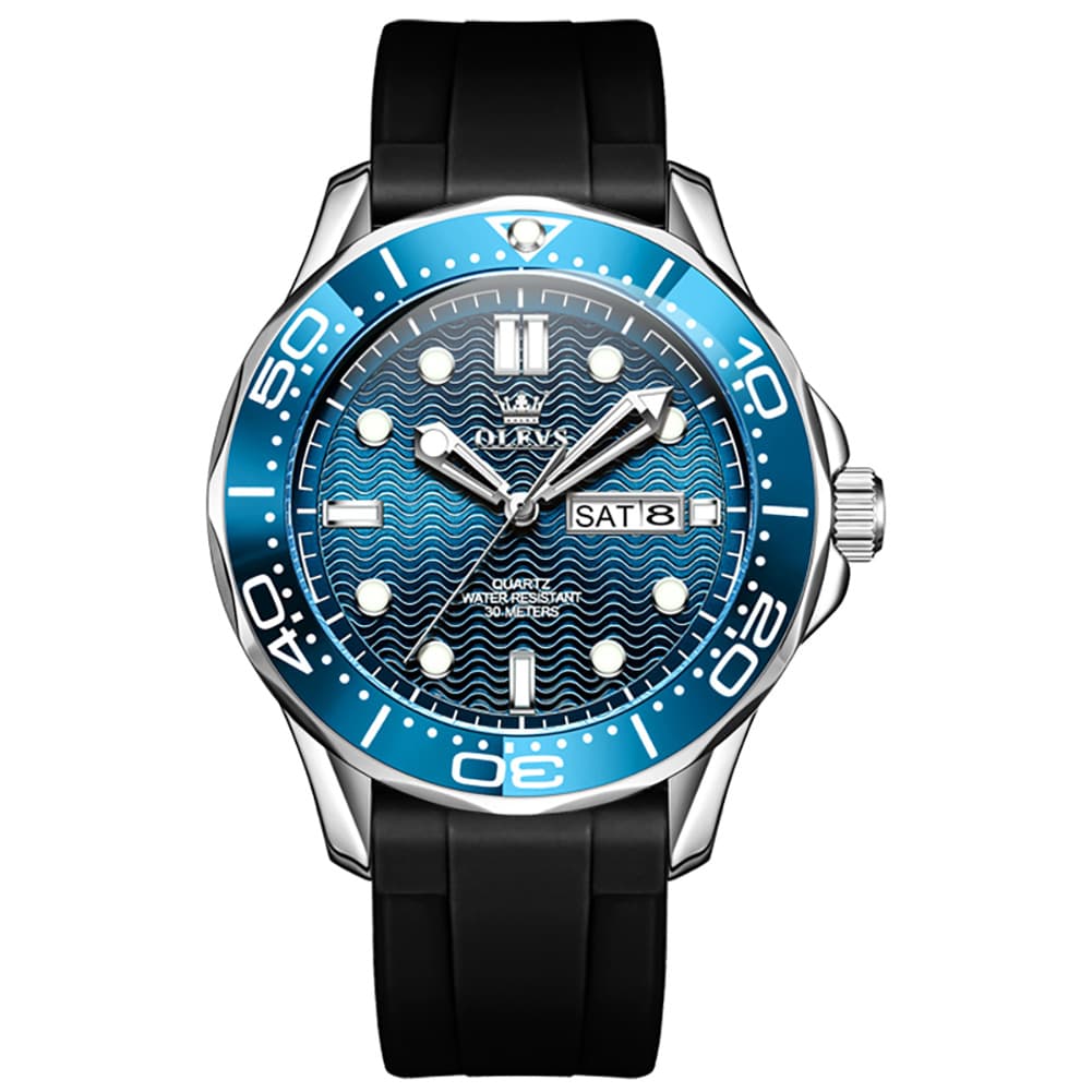 OLEVS 3738 Wave Dial Dive Style Quartz Watch for Men - Silicone Blue Watch | Olevs Watch Store