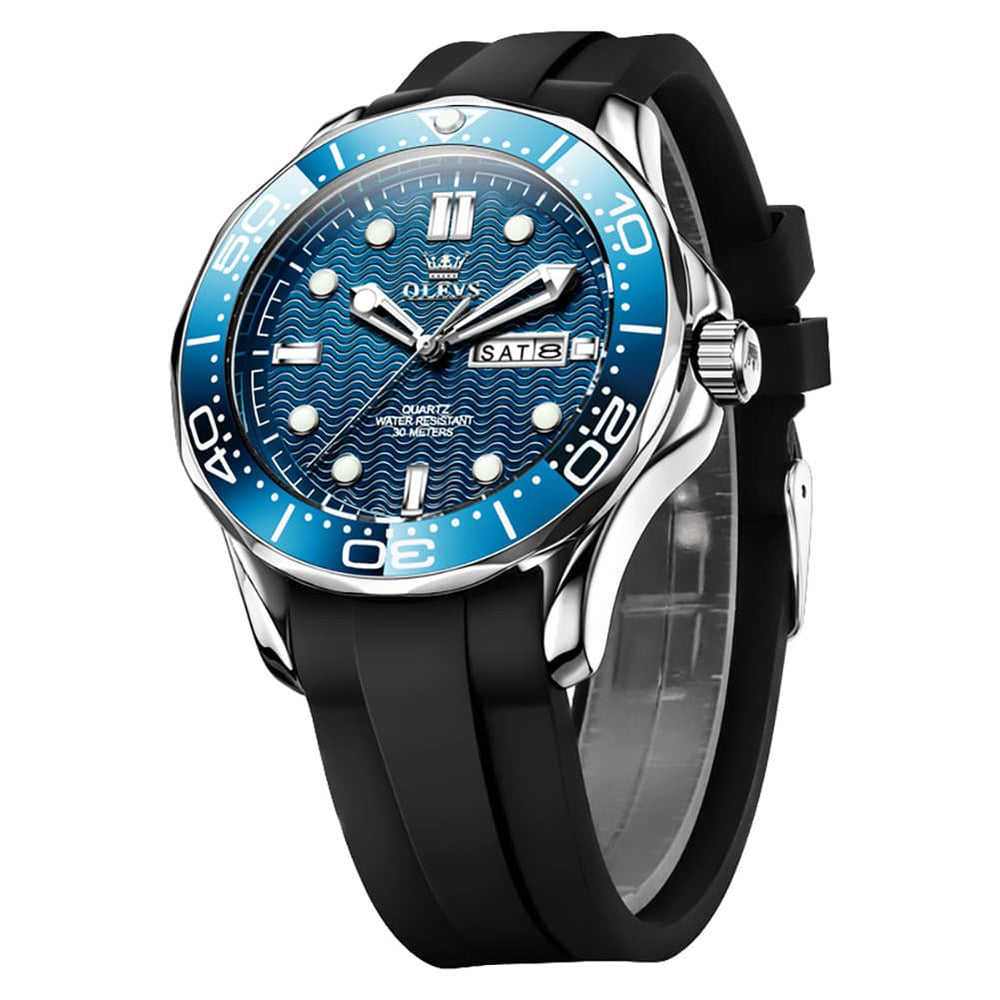 OLEVS 3738 Wave Dial Dive Style Quartz Watch for Men - Silicone Blue Watch | Olevs Watch Store