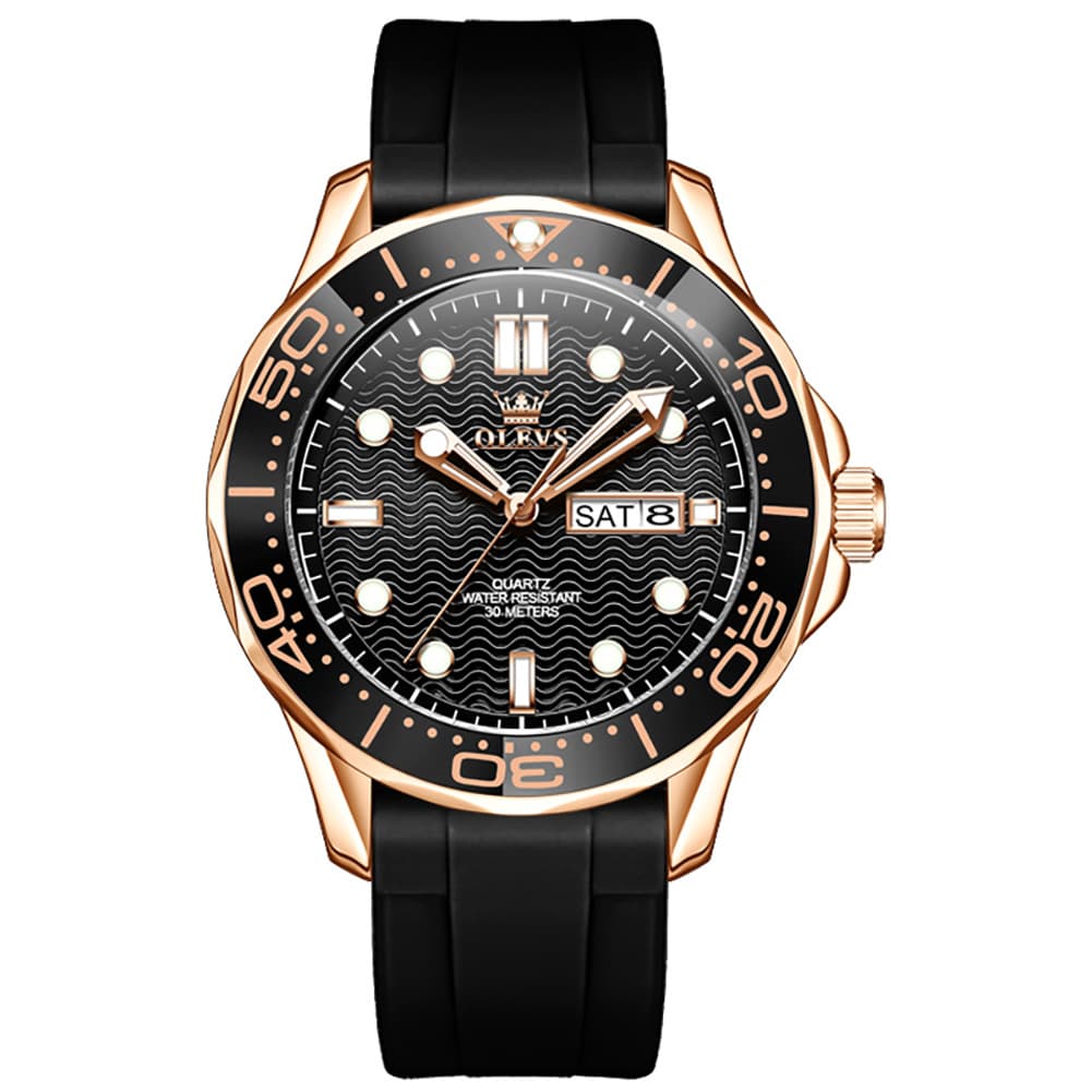 OLEVS 3738 Wave Dial Dive Style Quartz Watch for Men - Silicone Rose Gold Watch | Olevs Watch Store