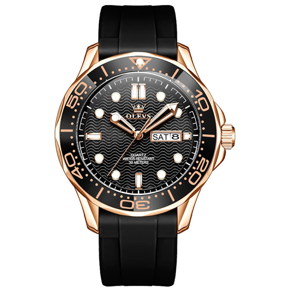 OLEVS 3738 Wave Dial Dive Style Quartz Watch for Men - Silicone Rose Gold Watch | Olevs Watch Store