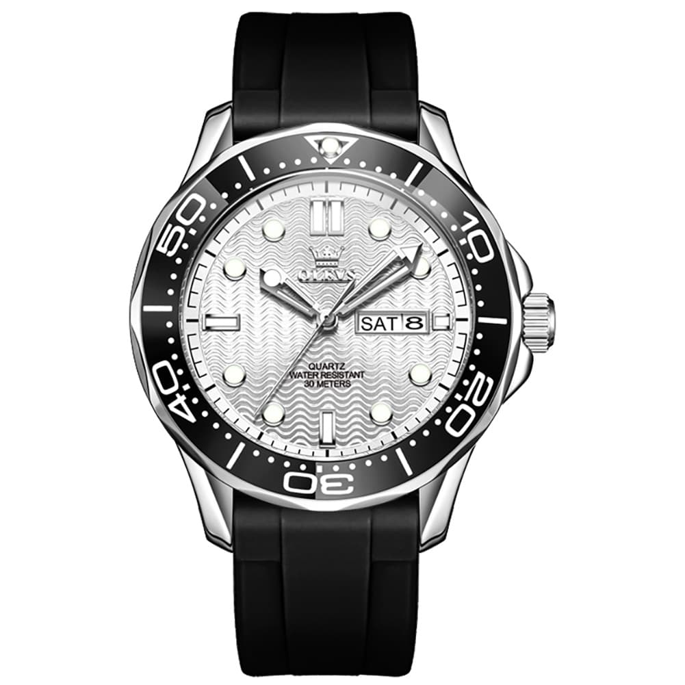 OLEVS 3738 Wave Dial Dive Style Quartz Watch for Men - Silicone White Watch | Olevs Watch Store