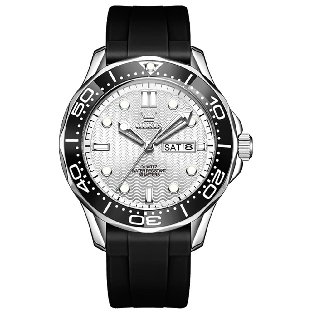 OLEVS 3738 Wave Dial Dive Style Quartz Watch for Men - Silicone White Watch | Olevs Watch Store