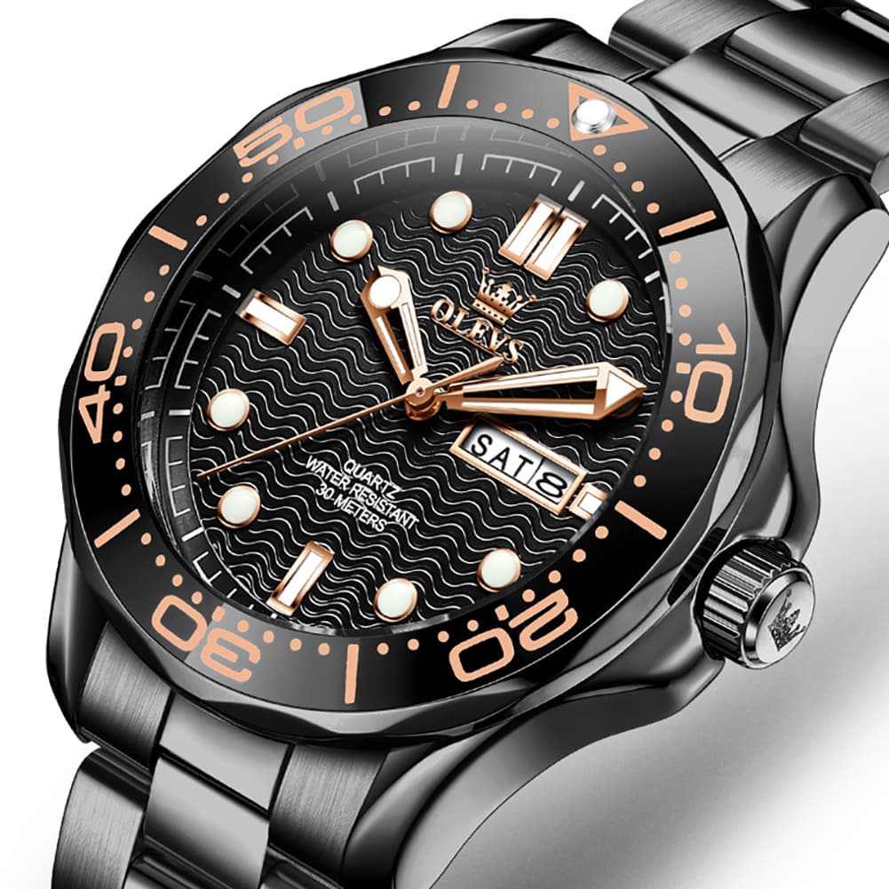 OLEVS 3738 Wave Dial Dive Style Quartz Watch for Men - Steel All Black Watch | Olevs Watch Store