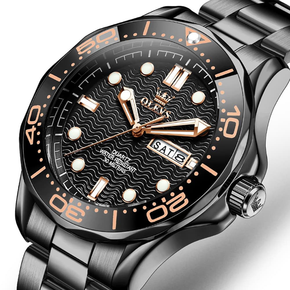 OLEVS 3738 Wave Dial Dive Style Quartz Watch for Men - Steel All Black Watch | Olevs Watch Store