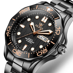 OLEVS 3738 Wave Dial Dive Style Quartz Watch for Men - Steel All Black Watch | Olevs Watch Store