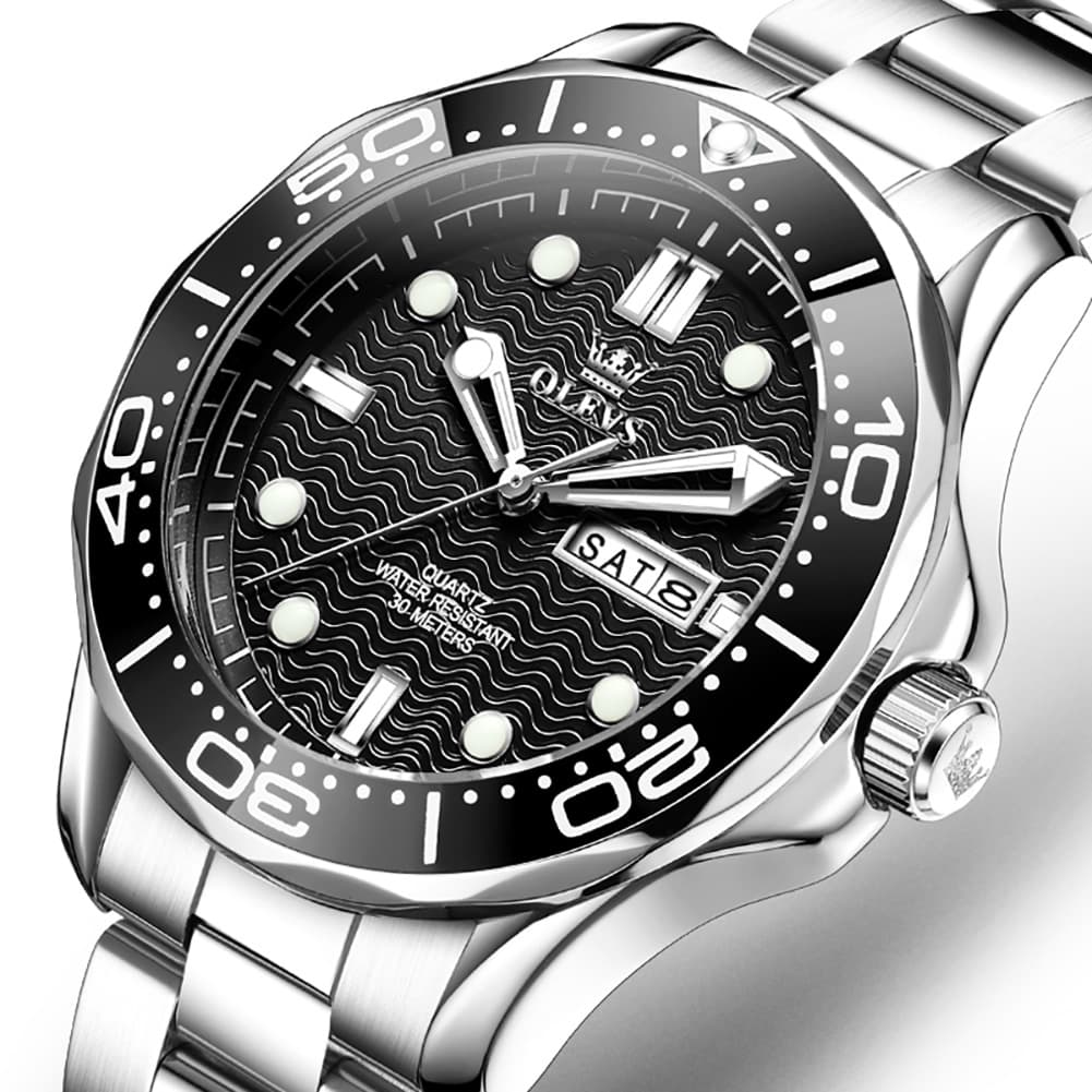 OLEVS 3738 Wave Dial Dive Style Quartz Watch for Men - Steel Silver Black Watch | Olevs Watch Store