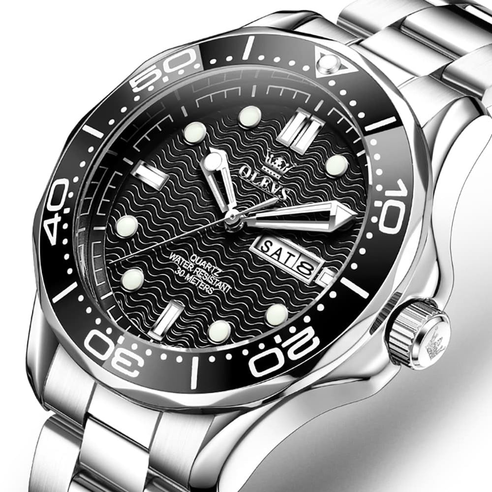 OLEVS 3738 Wave Dial Dive Style Quartz Watch for Men - Steel Silver Black Watch | Olevs Watch Store