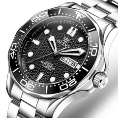 OLEVS 3738 Wave Dial Dive Style Quartz Watch for Men - Steel Silver Black Watch | Olevs Watch Store
