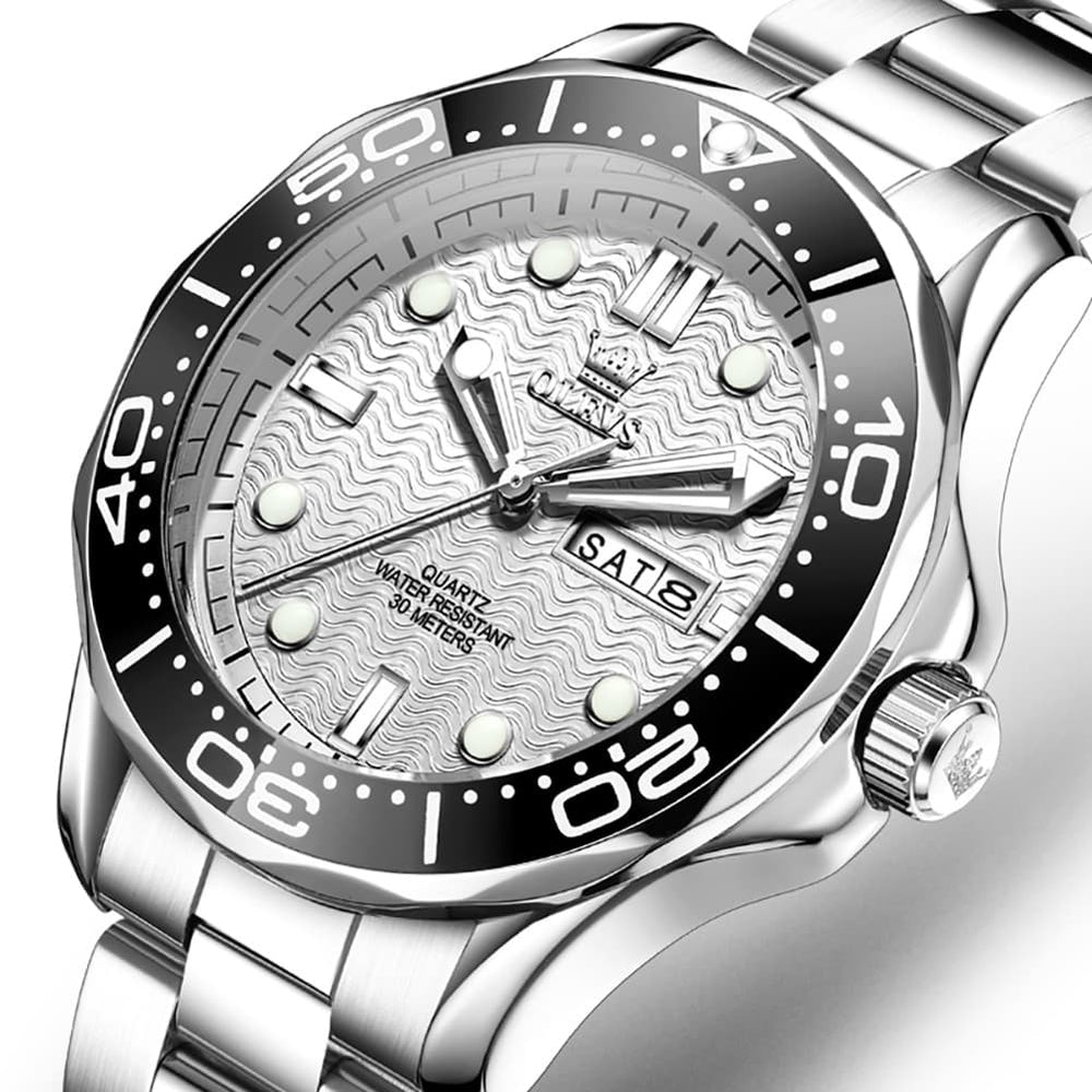 OLEVS 3738 Wave Dial Dive Style Quartz Watch for Men - Steel Silver White Watch | Olevs Watch Store