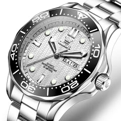 OLEVS 3738 Wave Dial Dive Style Quartz Watch for Men - Steel Silver White Watch | Olevs Watch Store