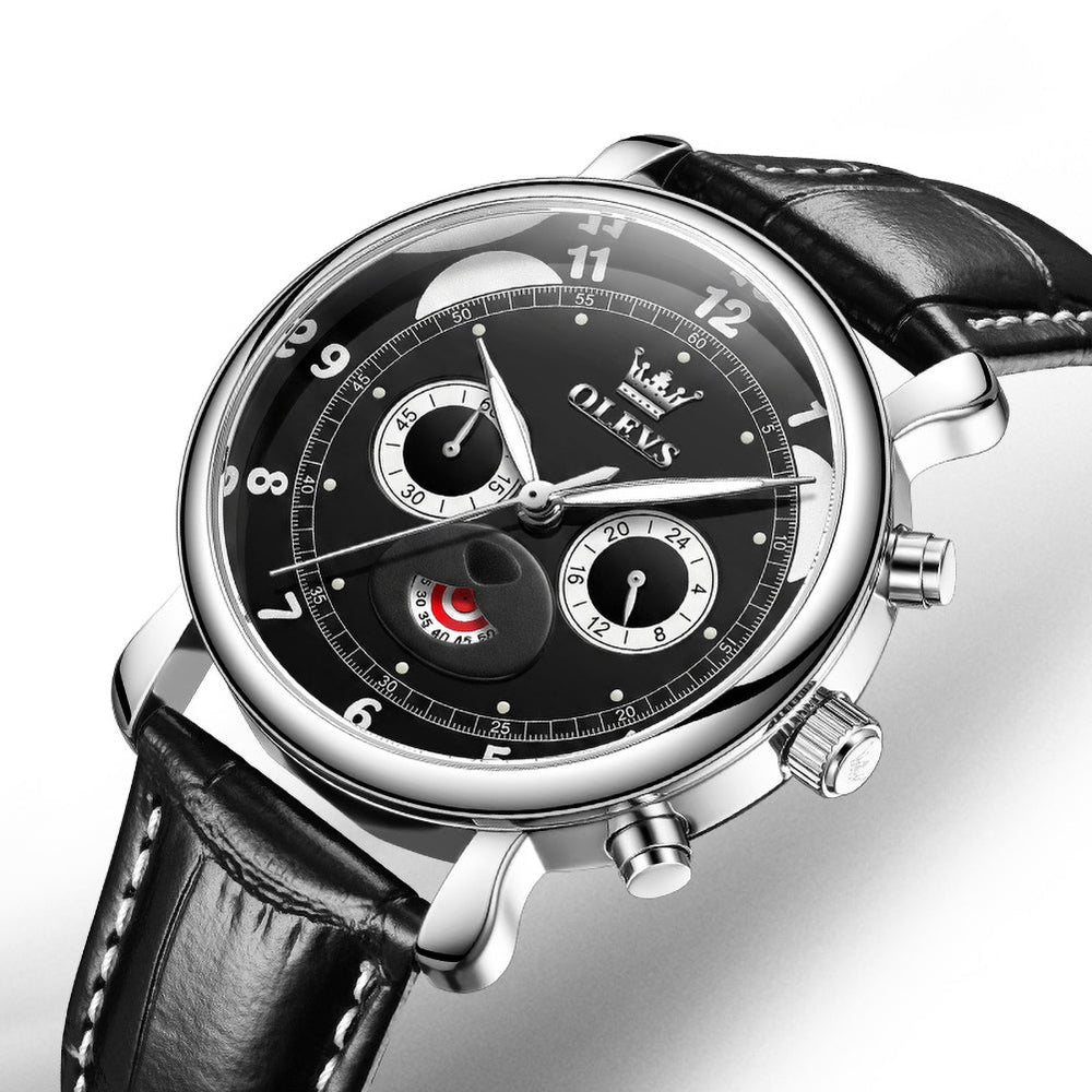 black dial multifunction quartz watch closeup - OLEVS 3753