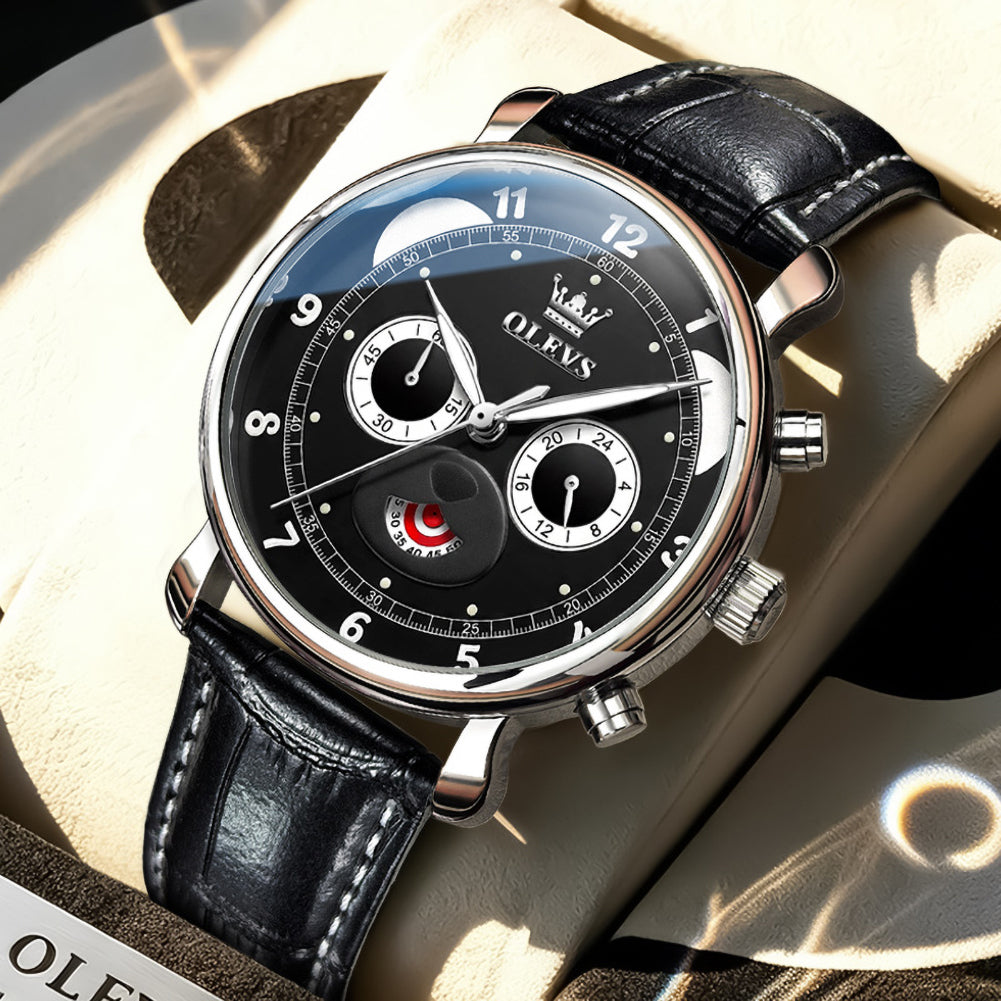 black dial chronograph watch lifestyle closeup - OLEVS 3753