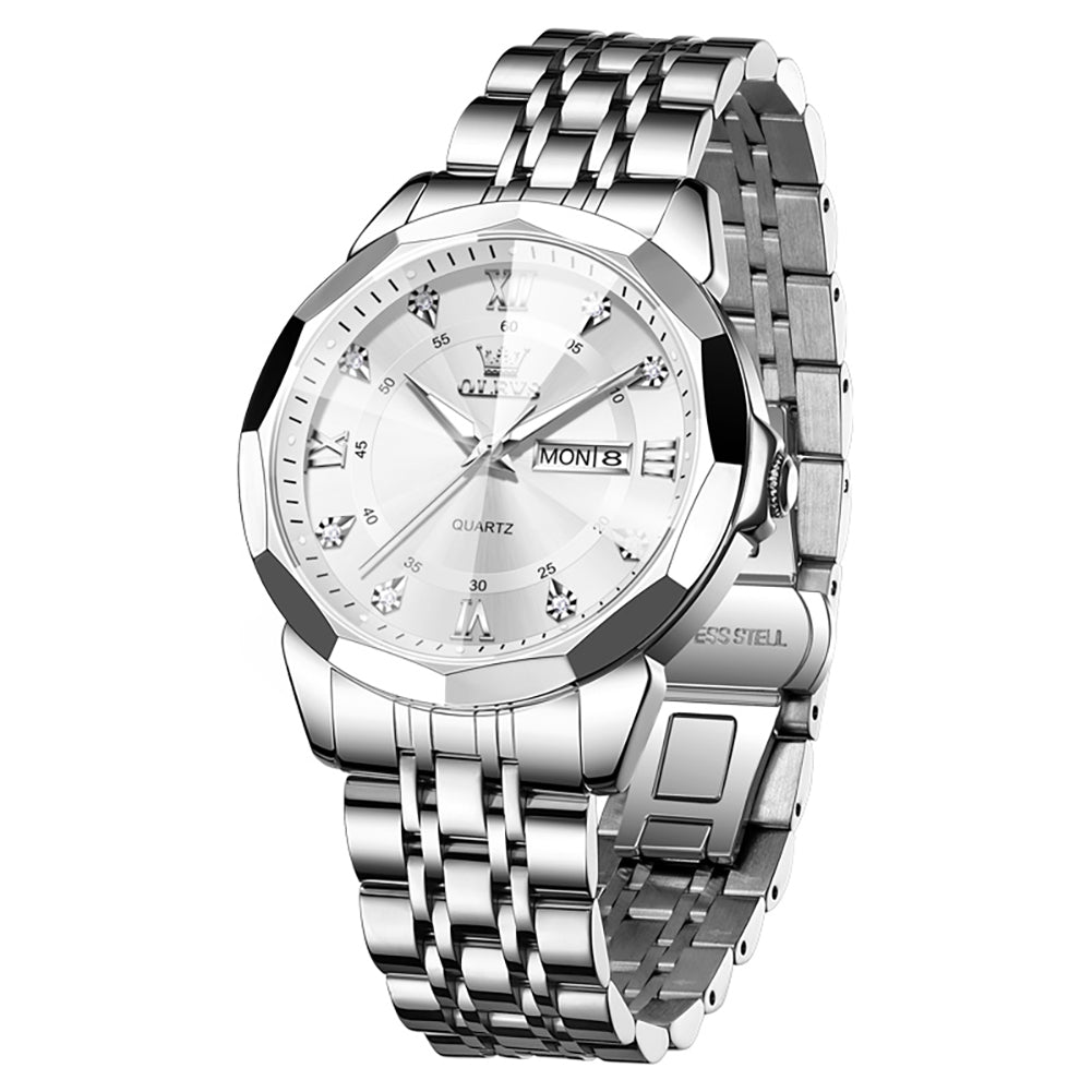 Silver White faceted glass day date quartz watch - OLEVS 3759
