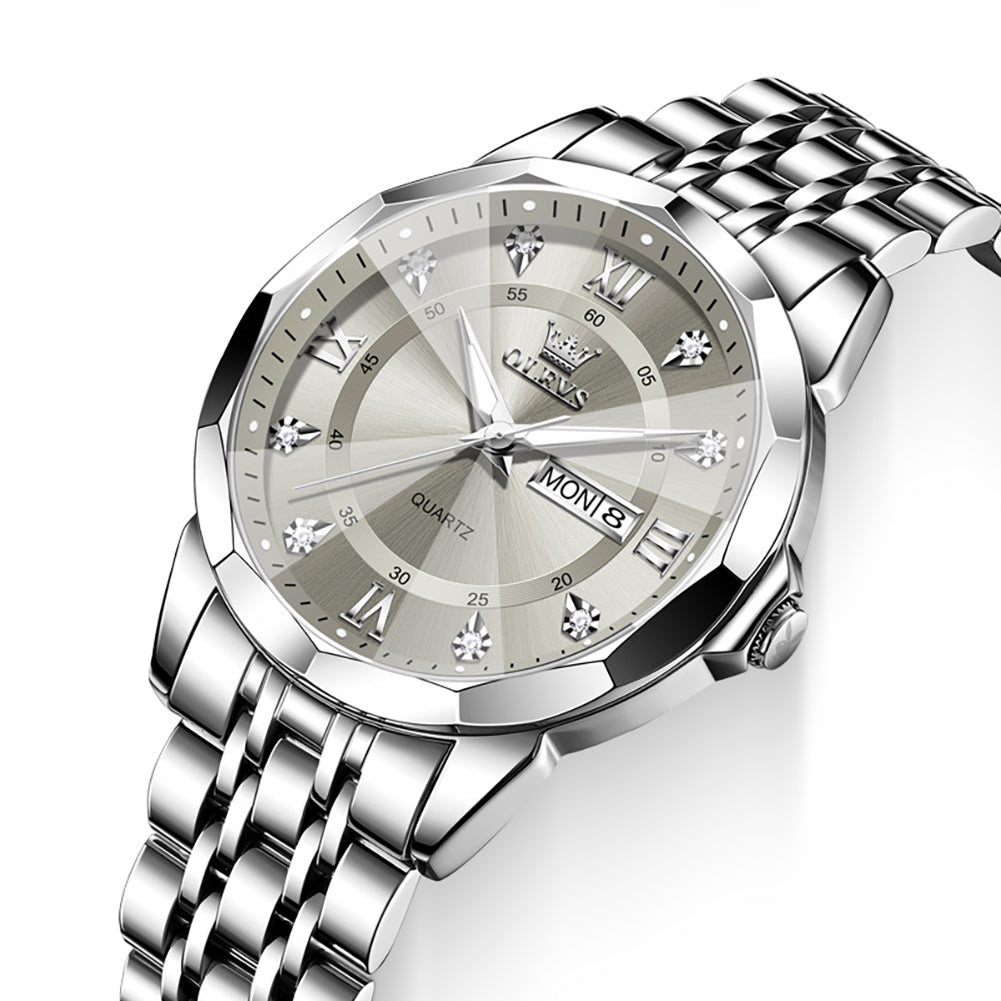 Silver Gray faceted glass day date quartz watch dial close up - OLEVS 3759