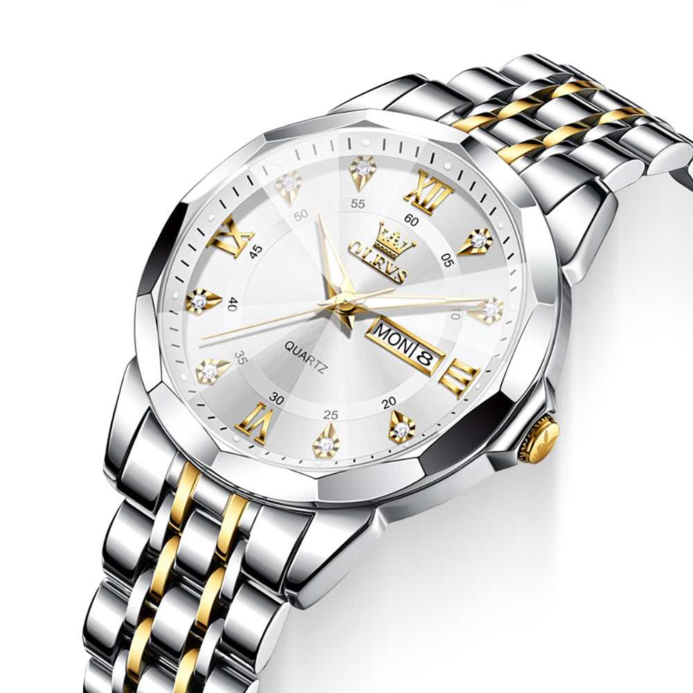 Gold White faceted glass day date quartz watch dial close up - OLEVS 3759
